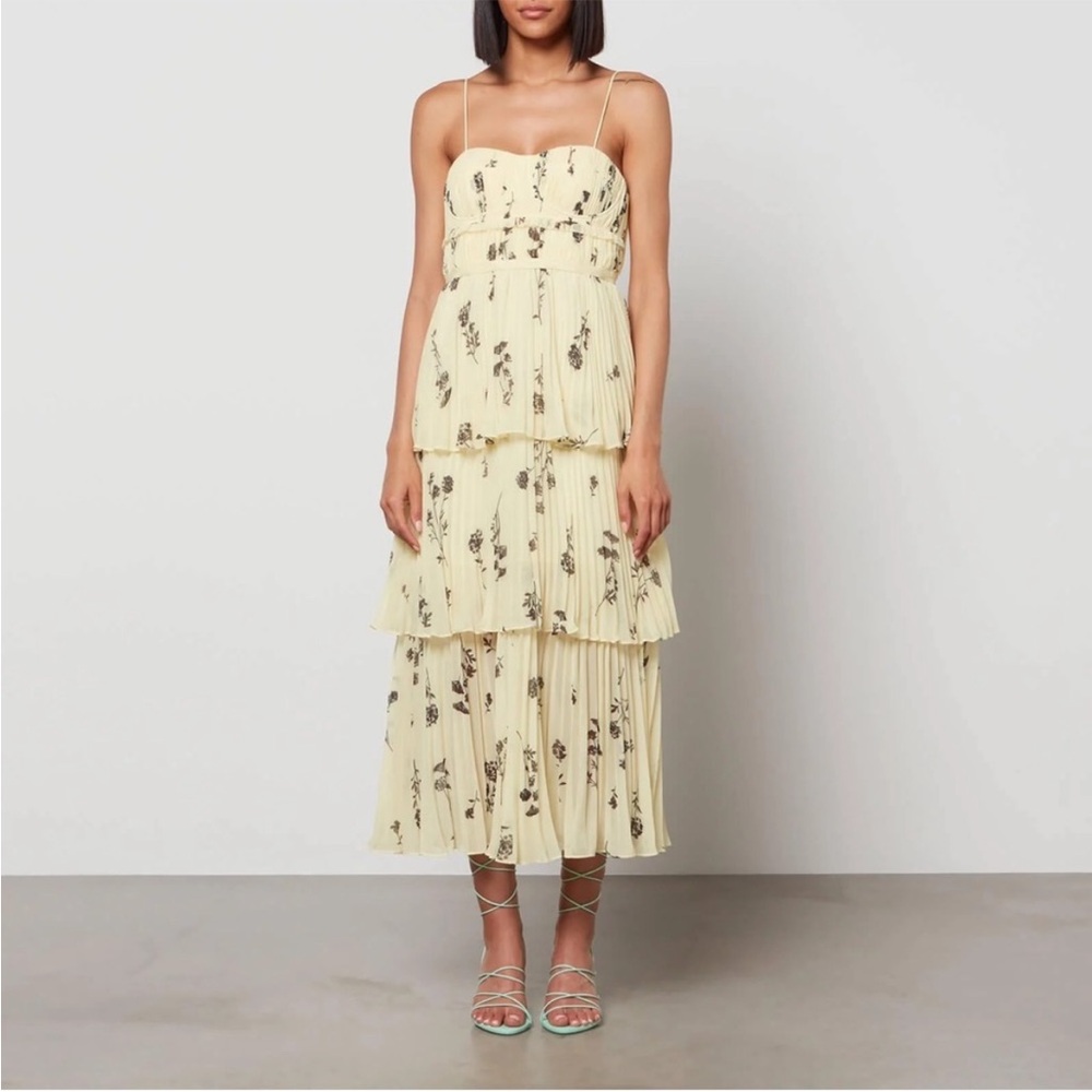 Self Portrait Yellow Floral Silhouette Chiffon Tiered Midi Dress Pastel Yellow - Picture 3 of 15